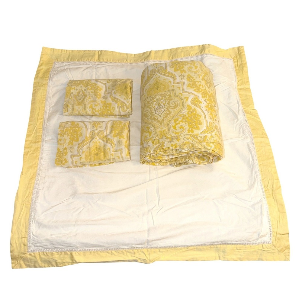 Pottery Barn Viola Paisley Duvet Sham Set Queen Yellow Cotton Coastal Cottage
